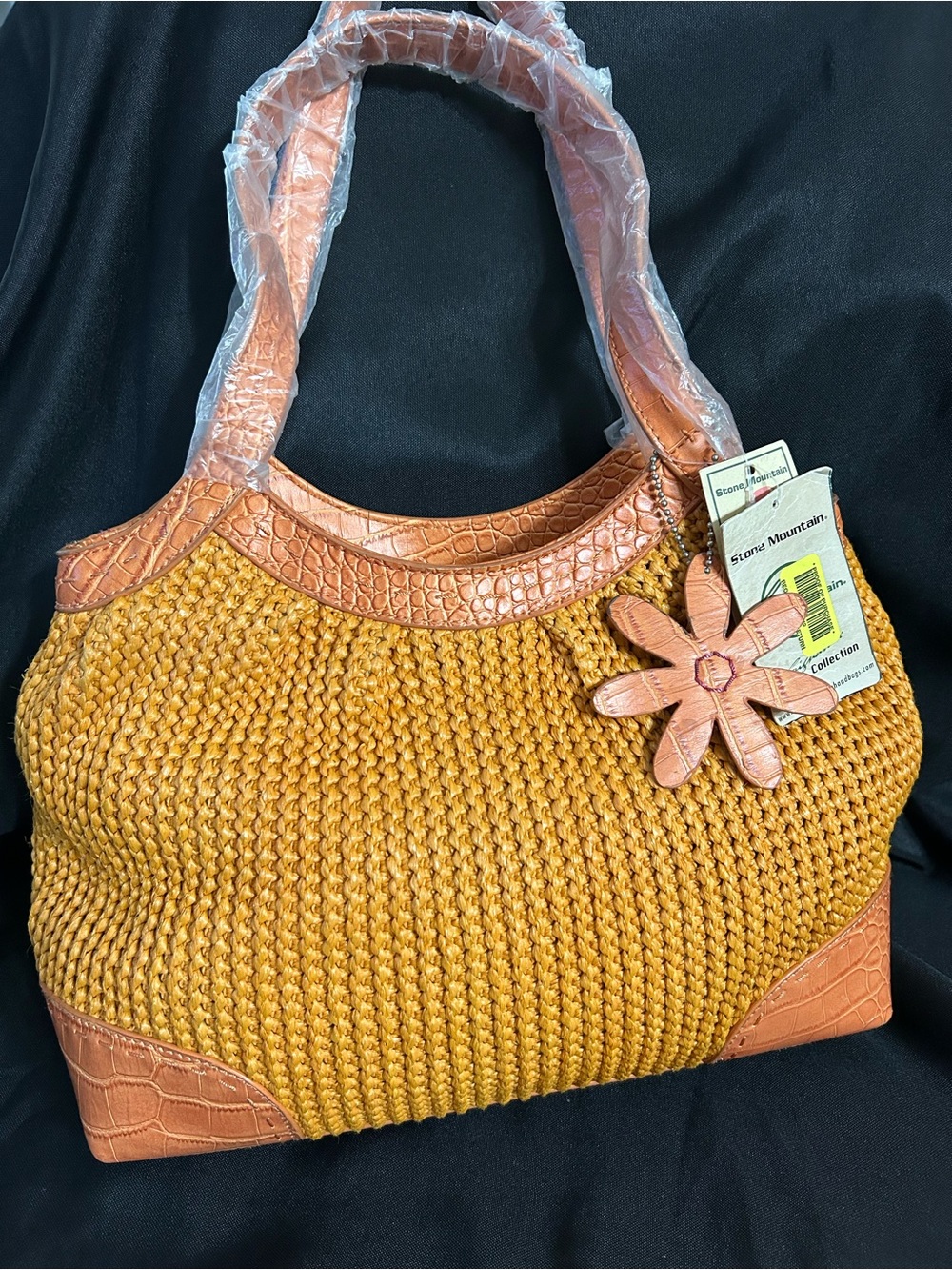 Stone Mountain Havana Orange Woven Tote Bag Tan Trim Flower Charm NWT